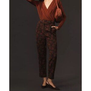 Anthropologie Maeve Brand New Jacquard Floral Red High Rise Trousers‎ Size 10